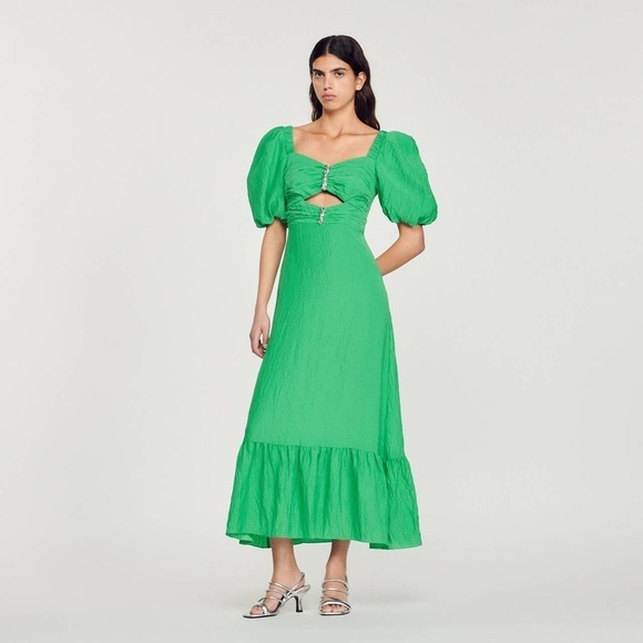 Sandro Short Sleeve Dress with Rhinestone Centre Green Women's Size 40/ US 8 NWT